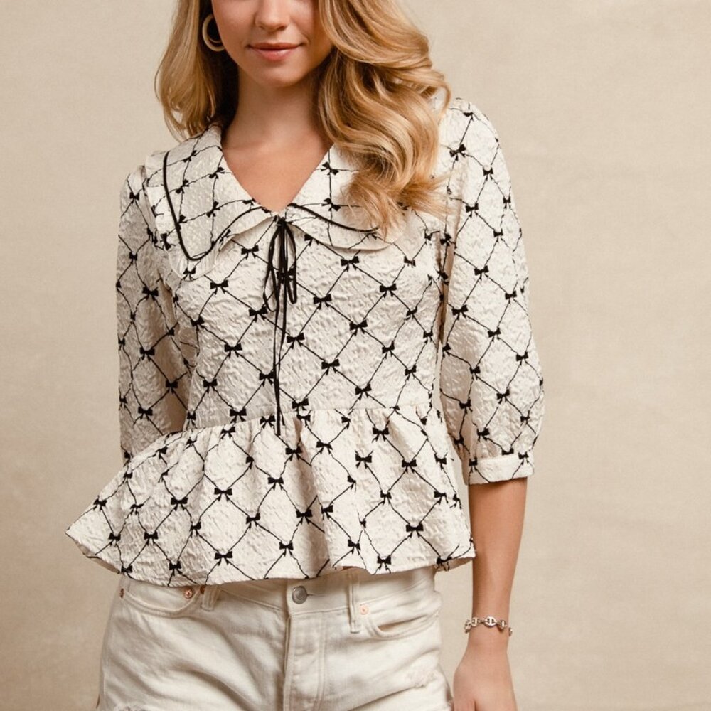 BiBi Bow Prints-patterns Ruffle Collar Details Peplum Top - Picture 4 of 7